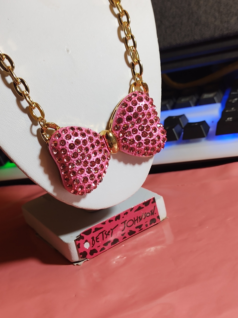 Betsey Johnson Pink Crystal Bow Necklace